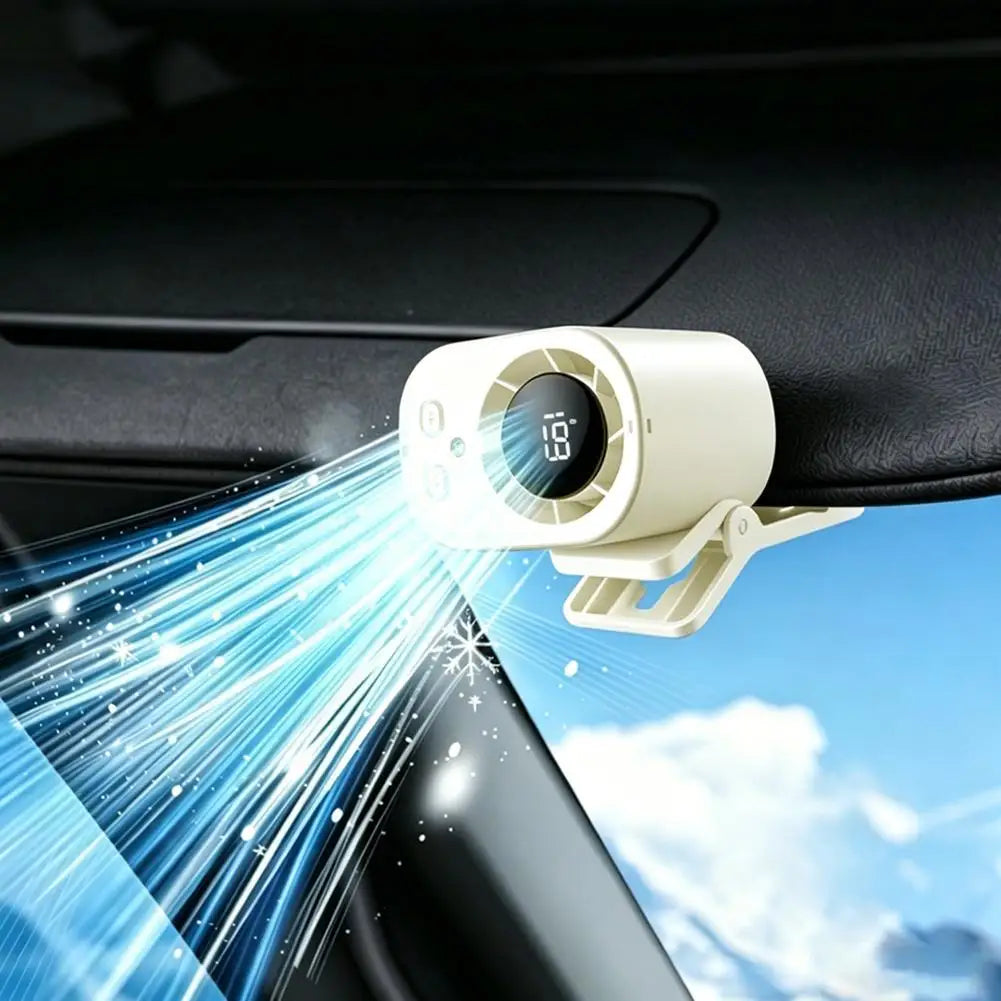 A portable car cooling fan with an LED display is shown emitting blue light beams onto a surface.