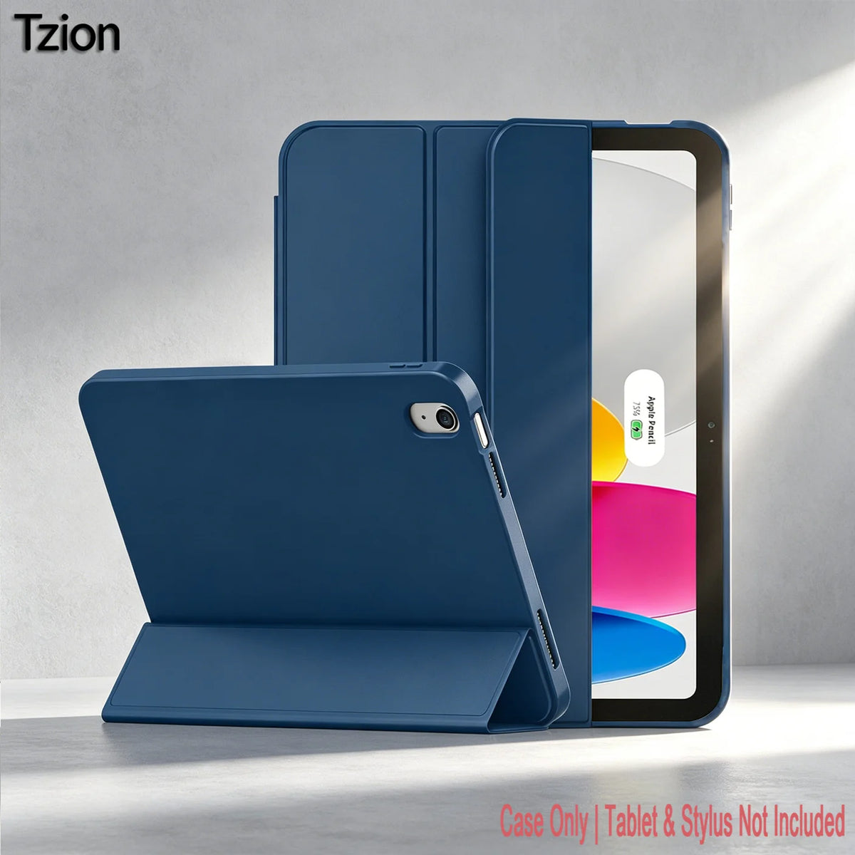A blue trifold smart cover for an iPad is shown next to the device.