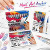 A set of nail art markers in various colors and tips displayed on a white background.