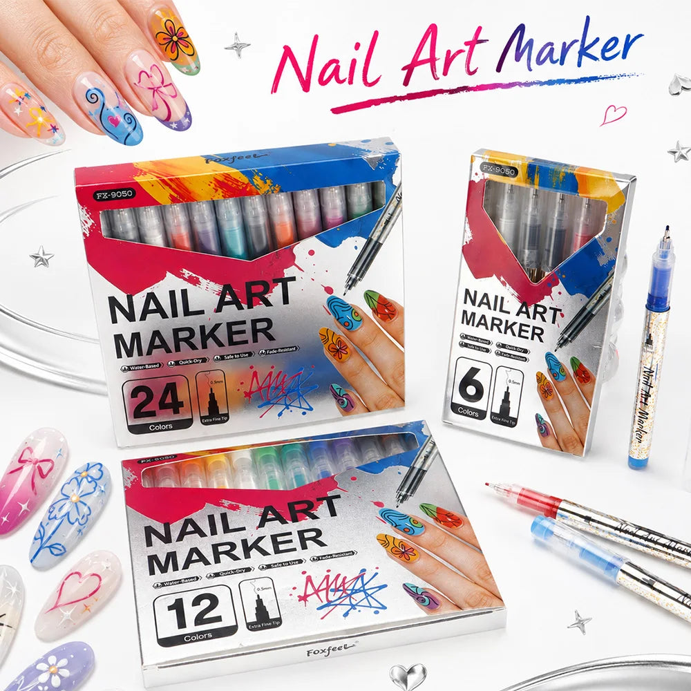 A set of nail art markers in various colors and tips displayed on a white background.