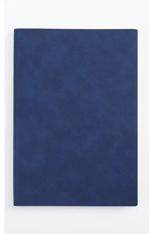 A dark navy blue premium A5 leather journal or diary with a smooth texture.
