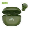A pair of olive green HTC AI Translation Bluetooth earbuds shown with their charging case.