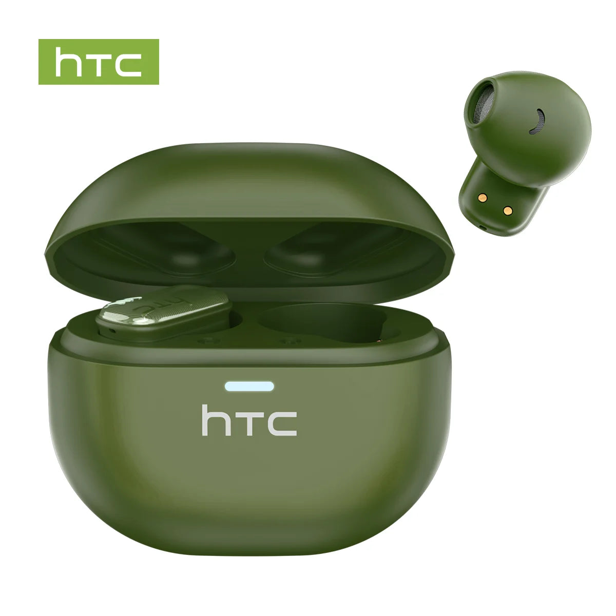 A pair of olive green HTC AI Translation Bluetooth earbuds shown with their charging case.