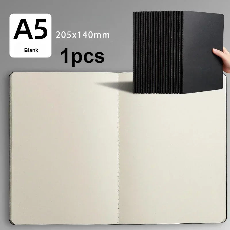 A blank A5 kraft notebook with a black cover is shown next to it.