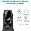 Black wireless presenter remote for a presentation pen featuring light pointer, LED indicator, page controls, and power butto
