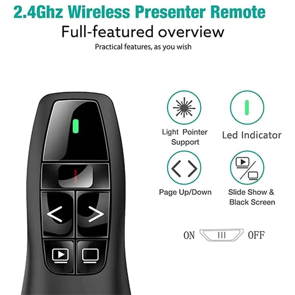 Black wireless presenter remote for a presentation pen featuring light pointer, LED indicator, page controls, and power butto