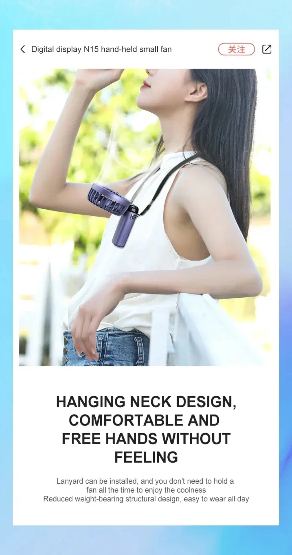 Una mujer sostiene un ventilador de cuello portátil morado al aire libre, mostrando su diseño colgante para un uso cómodo.