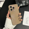 A hand holds a beige iPhone with a clear glossy tempered glass shockproof case against a dark background.
