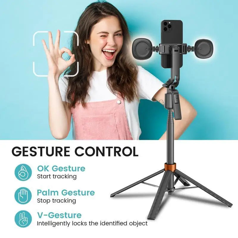 A woman demonstrates gesture control features like OK, Stop, and V-gestures with a 360° rotatable selfie stick tripod.