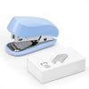 A light blue compact mini stapler kit with a hinged lid and metal stapler visible next to its white packaging box.