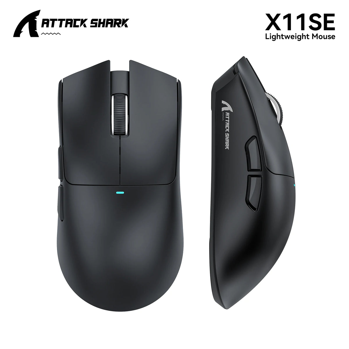 Black Attack Shark X11 SE lightweight wireless gaming mouse shown from the top and side.