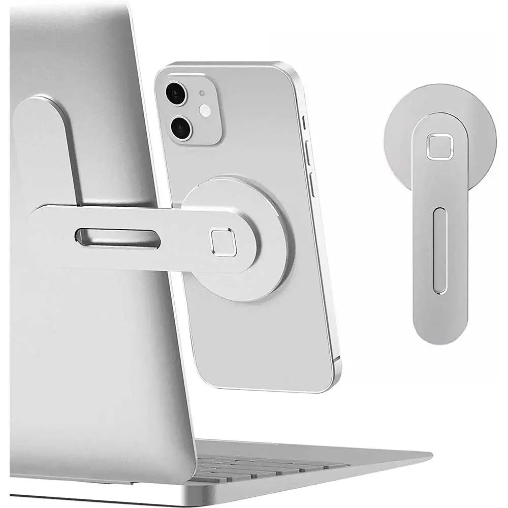 Silberner faltbarer magnetischer Laptop- und Telefonhalter zur Suspension von Smartphone und Laptop.