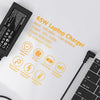 A 65W laptop charger with a cable is shown next to a document detailing its specifications and features.