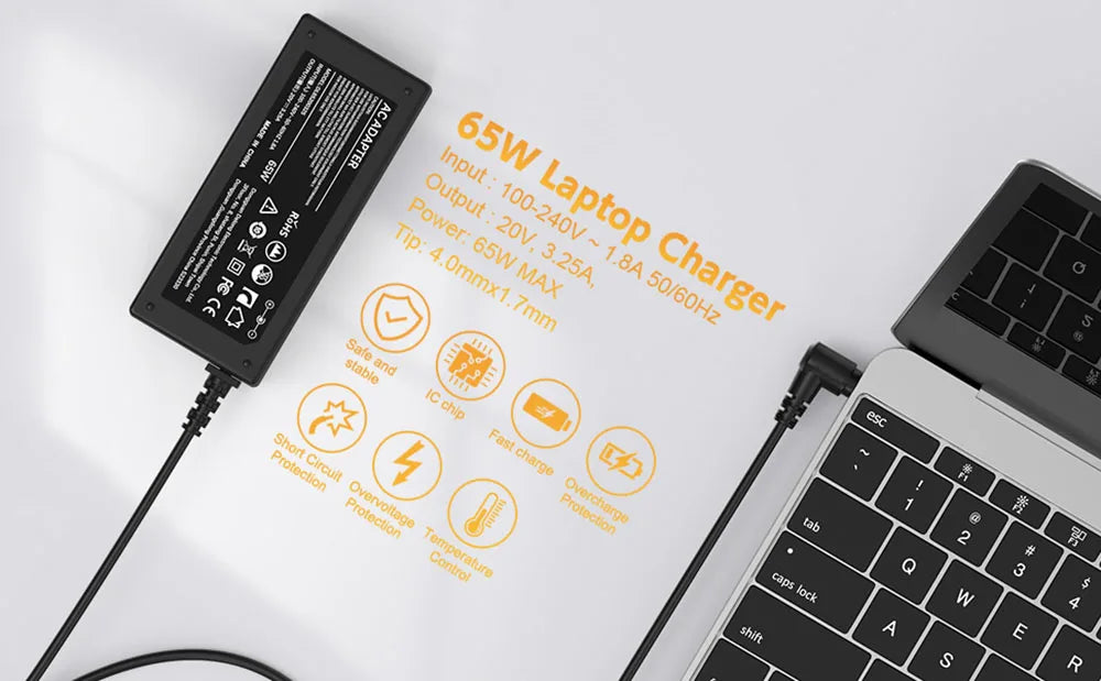 A 65W laptop charger with a cable is shown next to a document detailing its specifications and features.