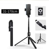 A black extendable phone tripod with an LED ring light and mirror, shown in various configurations.