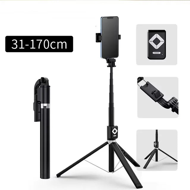 A black extendable phone tripod with an LED ring light and mirror, shown in various configurations.
