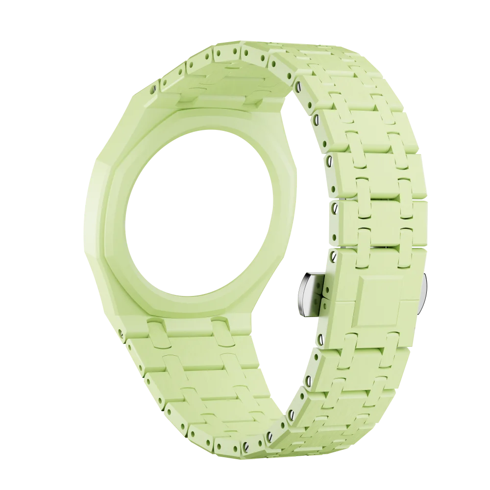 A lime green ceramic watch case and strap set for a Swatch X AP Royal POP watch.