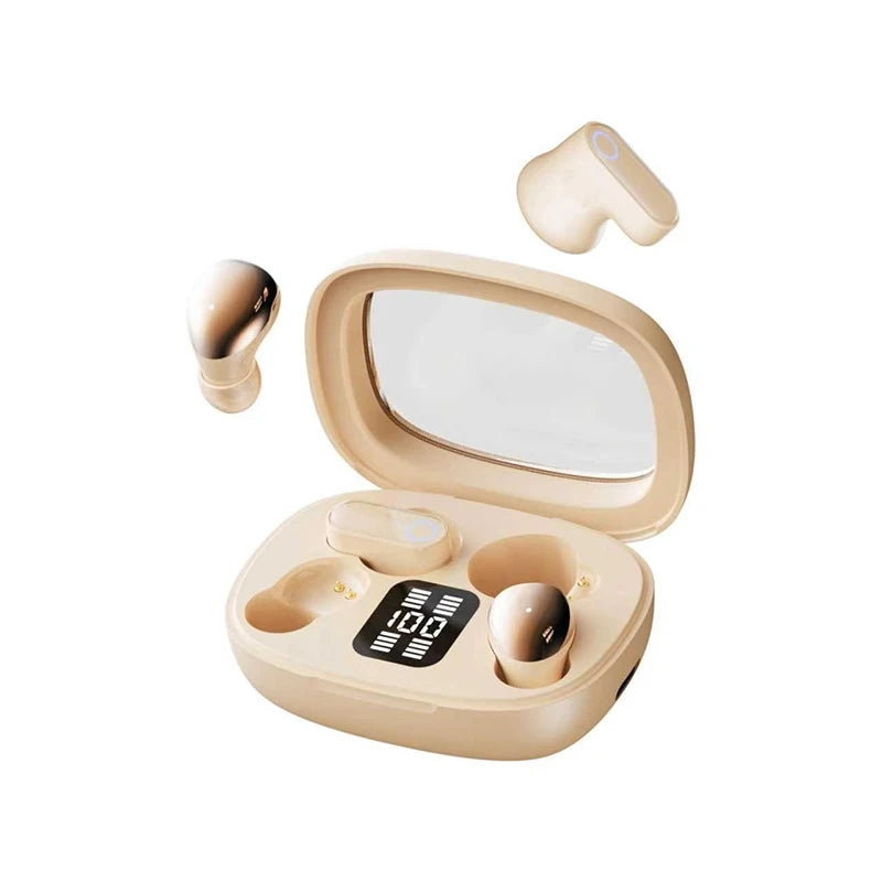 A beige wireless Bluetooth sleep earbud charging case with a mirror and earbuds visible.
