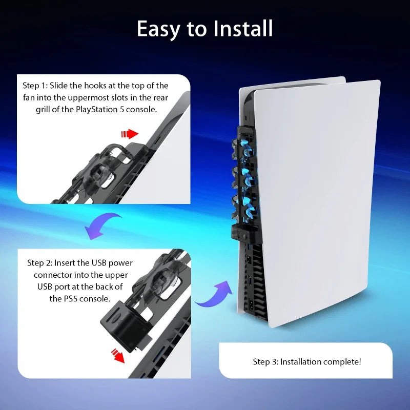 Instructions showing how to install a PS5 cooling fan with an LED light into the rear grill.