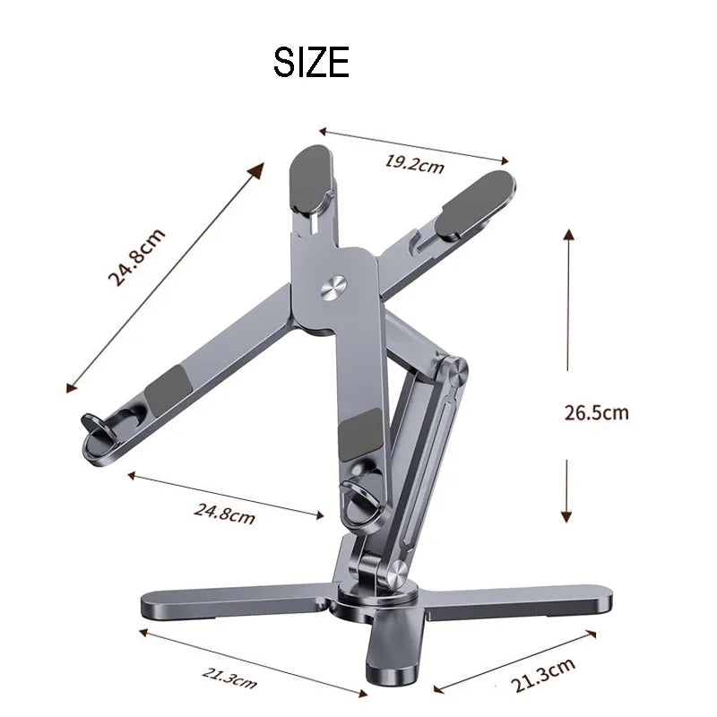 A silver 360° adjustable laptop and tablet stand with multiple angles for viewing.