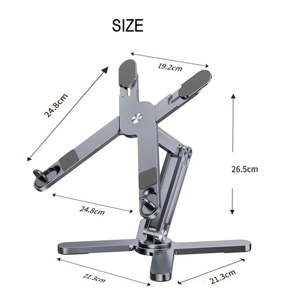 Soporte ajustable de laptop y tableta plateado de 360° con múltiples ángulos para ver.
