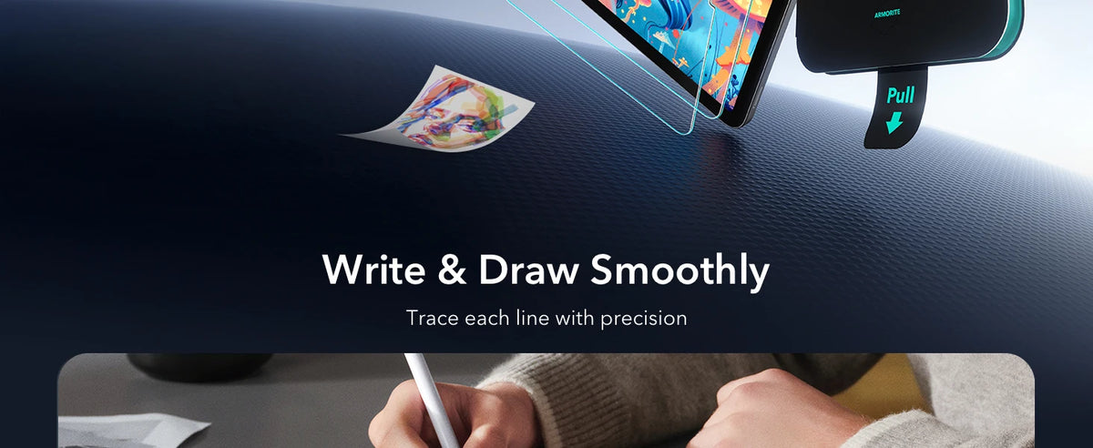 A hand writes on a surface, demonstrating the smooth tracing capability of an Ultra Clear Tempered Glass Screen Protector.