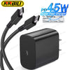 A black 45W dual Type-C PD fast charger with cables and a power adapter for Samsung devices.