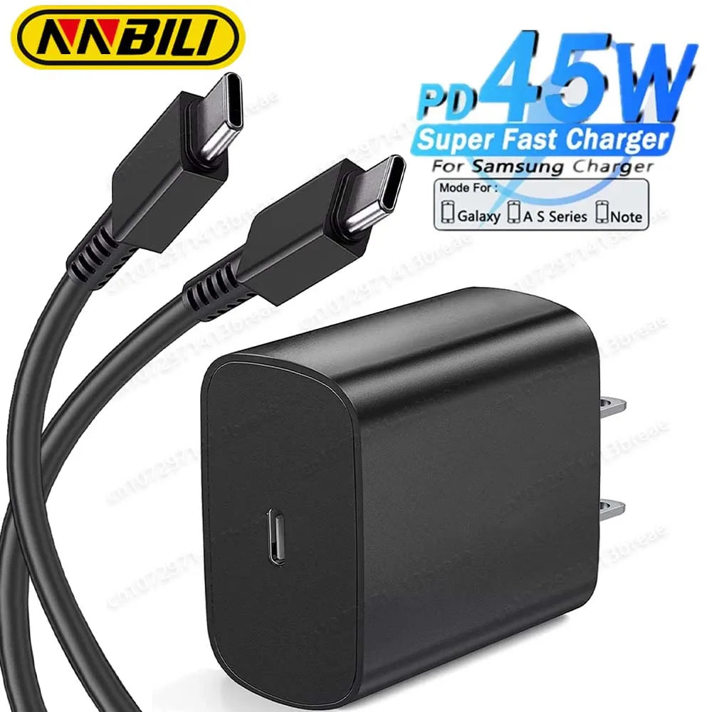 A black 45W dual Type-C PD fast charger with cables and a power adapter for Samsung devices.