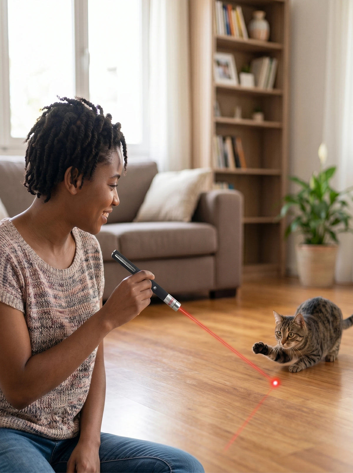 A woman is using an interactive pet training pen to interact with a cat on the floor.