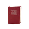 A deep red book-shaped piggy bank with a lid and lock, featuring the text The New English Dictionary on the cover.