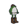 An enamel pin featuring a frog wearing boots and a belt.