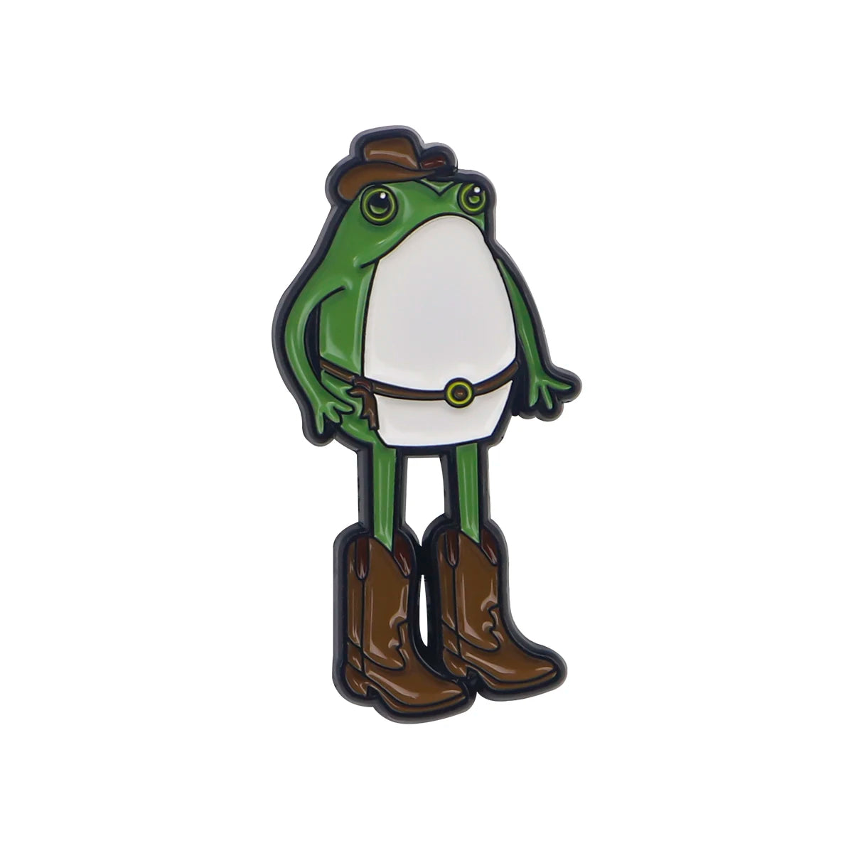 An enamel pin featuring a frog wearing boots and a belt.