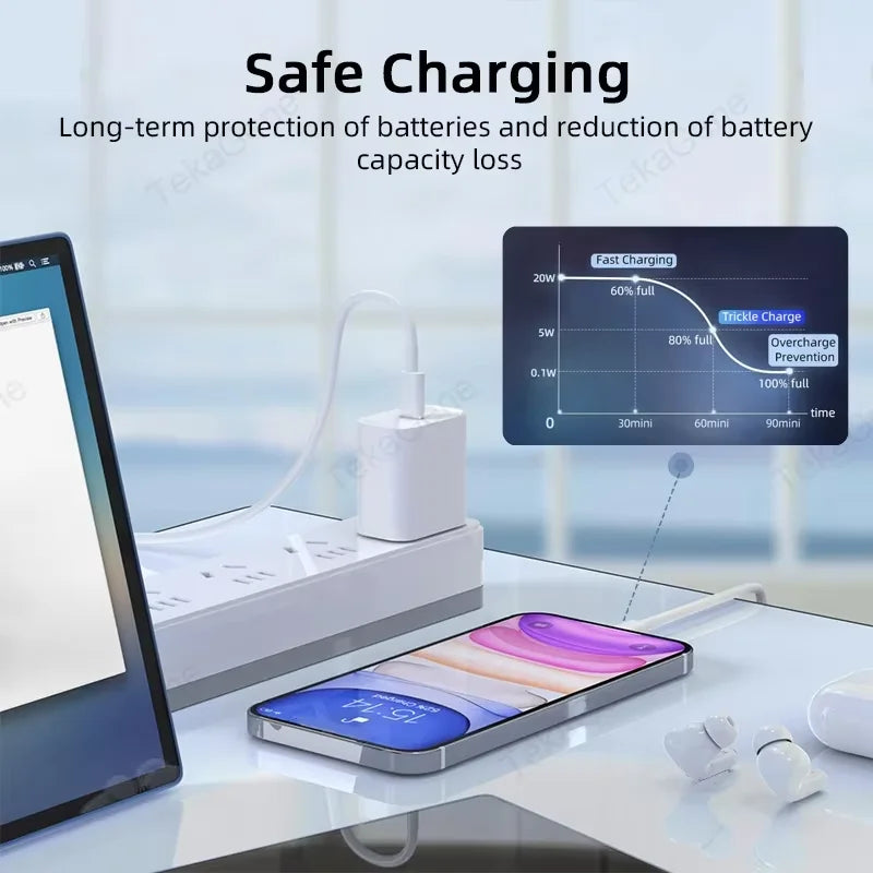 A 30W USB-C fast charger is shown next to an iPad and iPhone, illustrating safe battery charging features.