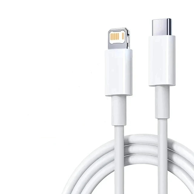 A white USB-C fast charger and cable with a square connector is shown coiled.