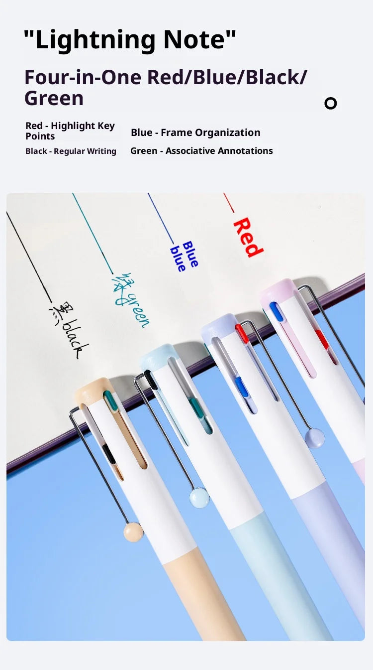 A set of four multi-colored gel pens in red, blue, black, and green are displayed against a light background.