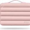 A pink protective laptop sleeve bag with quilted padding and a carrying handle.