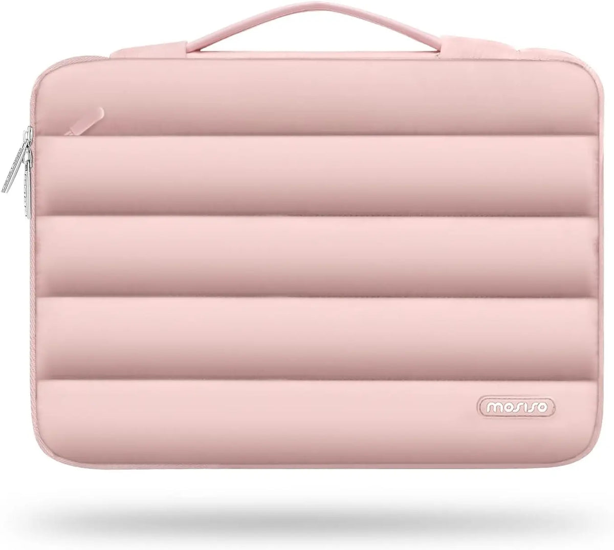 A pink protective laptop sleeve bag with quilted padding and a carrying handle.