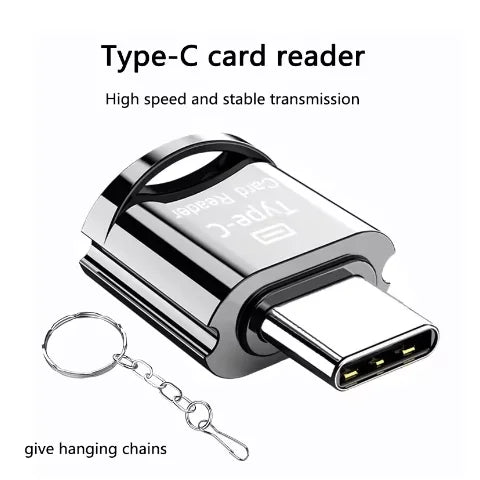 A silver Type-C card reader with a hanging chain is shown.