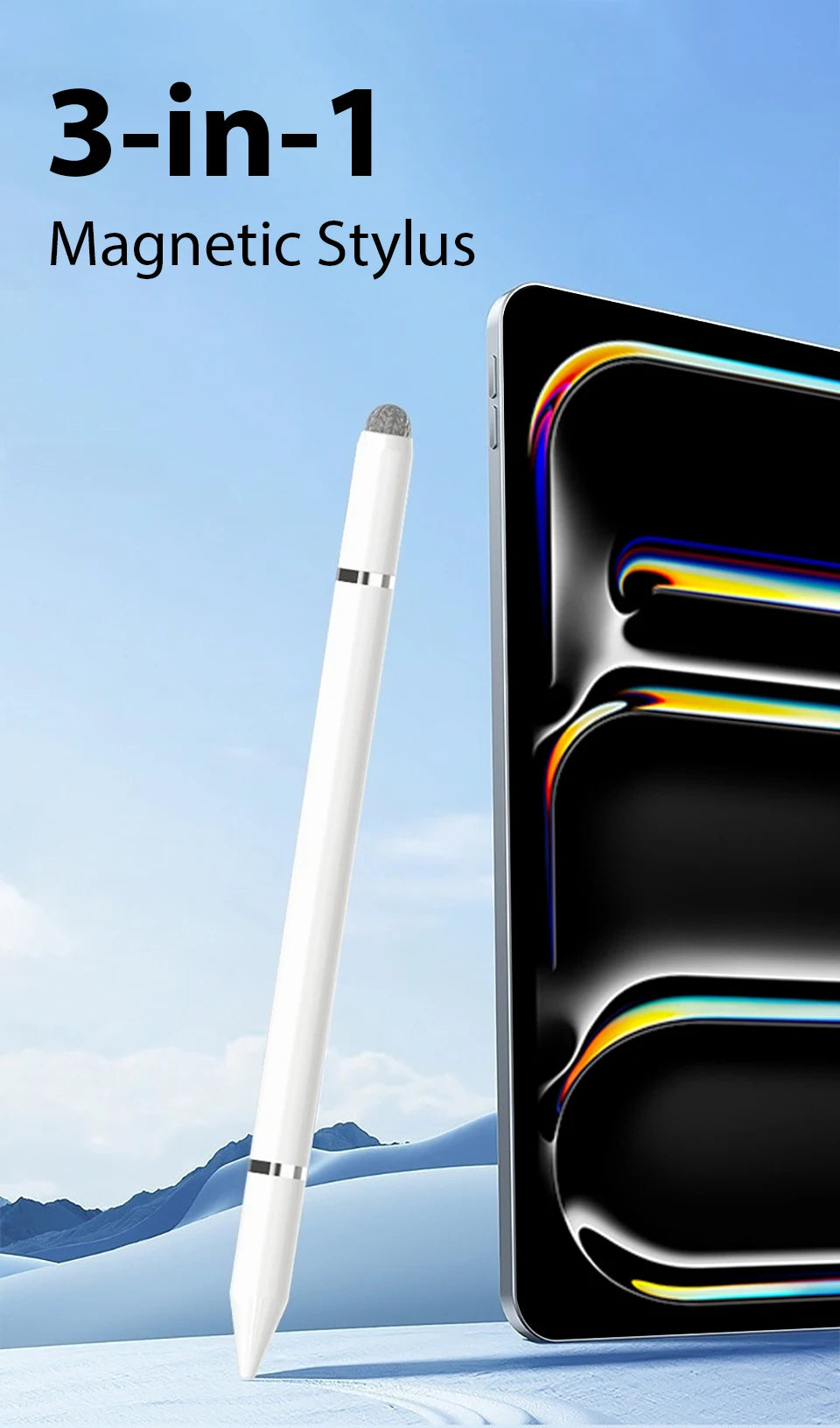 A white magnetic stylus pen is shown next to a smartphone displaying colorful graphics.