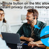 Three people in a meeting using open-ear Bluetooth headsets with noise cancelling microphones.