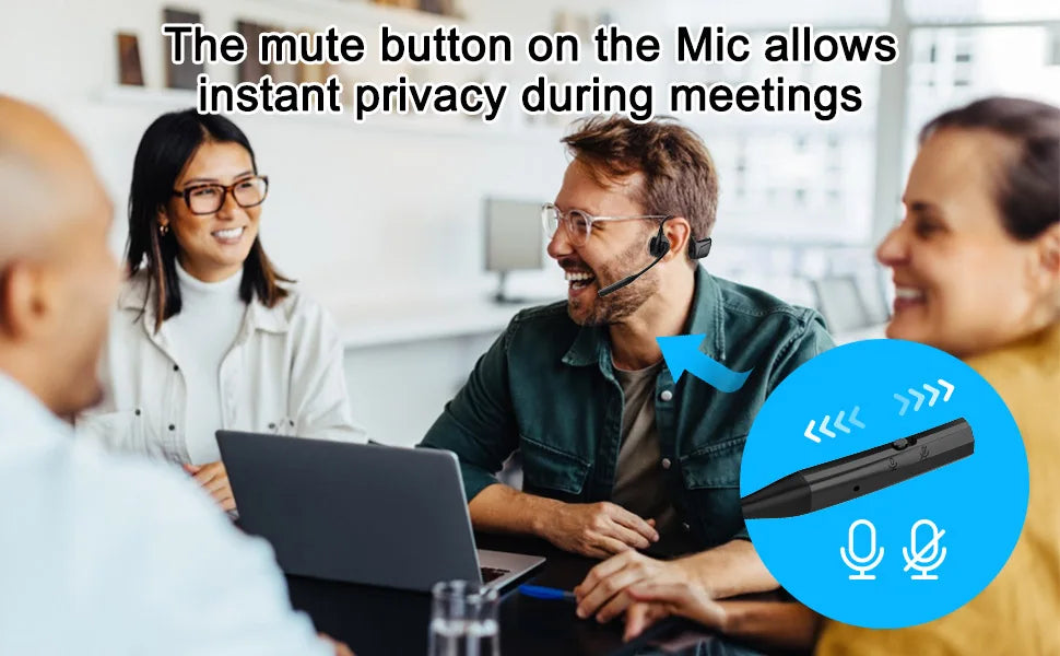 Three people in a meeting using open-ear Bluetooth headsets with noise cancelling microphones.
