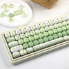 A close-up view of a light green PBT keycap set with various characters and symbols, displayed next to a woven basket.