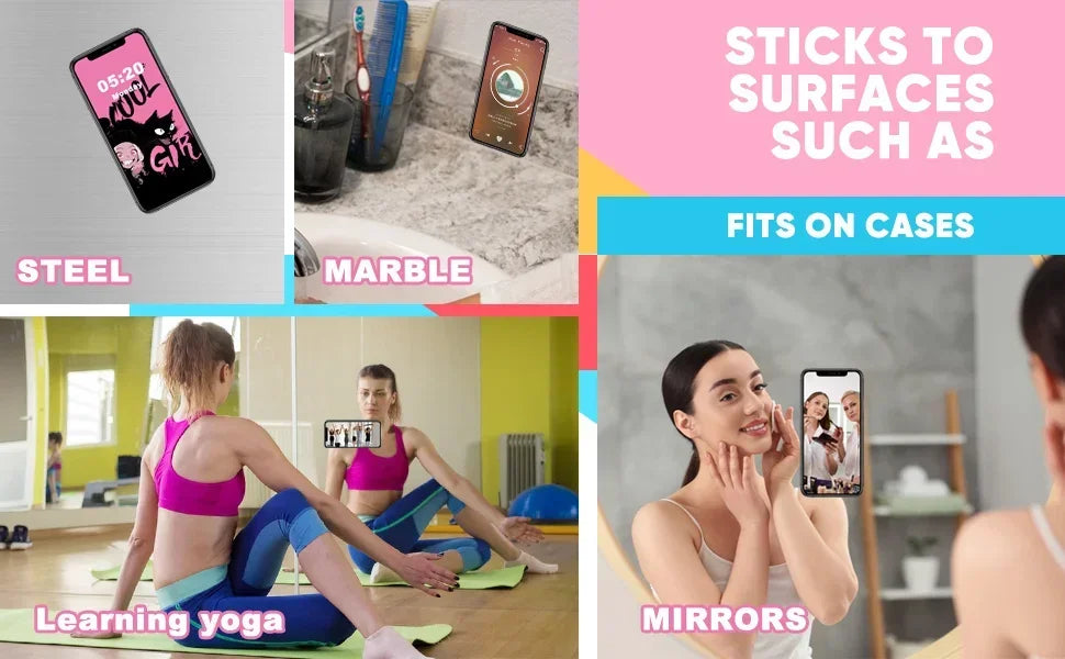 Se adhiere a superficies como el acero y la mármol, cabe en fundas y se usa para aprender yoga y espejos.