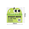 A package of green cartoon fruit sticky notes with a pear-shaped cutout and text in Japanese and English.