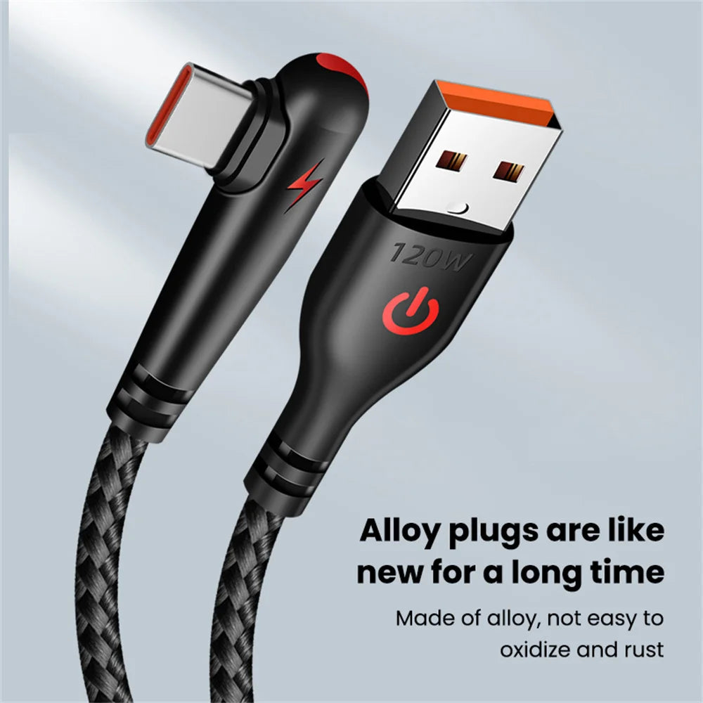 A black braided USB-C to Type-C charging cable with an alloy plug and power indicator light.