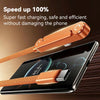 An orange fast charging cable with an integrated stand is shown connecting to a smartphone for charging.