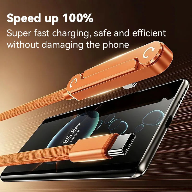 An orange fast charging cable with an integrated stand is shown connecting to a smartphone for charging.
