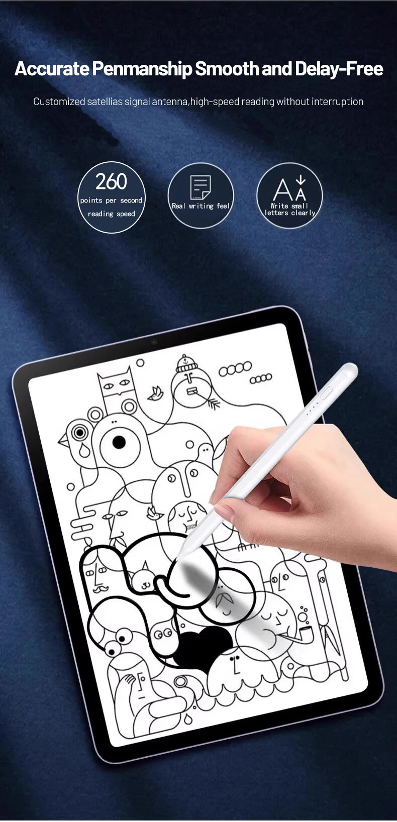 Eine Hand benutzt einen weißen Stift, um auf einem Tablet-Bildschirm zu schreiben, und demonstriert präzise Kalligrafie.