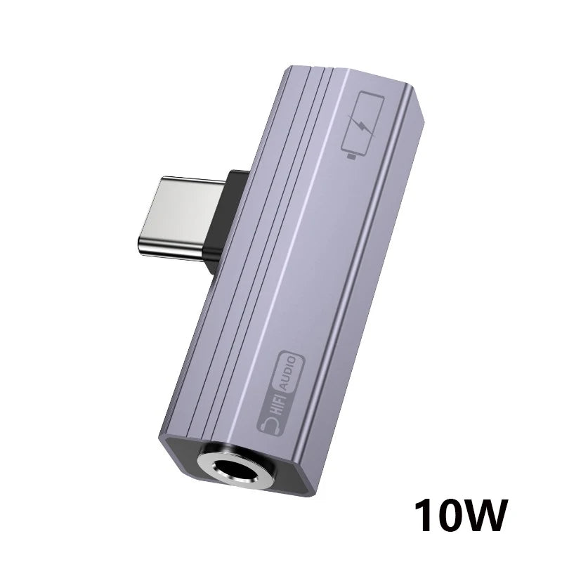 A silver-colored audio adapter with a housing and a connector, labeled 10W.