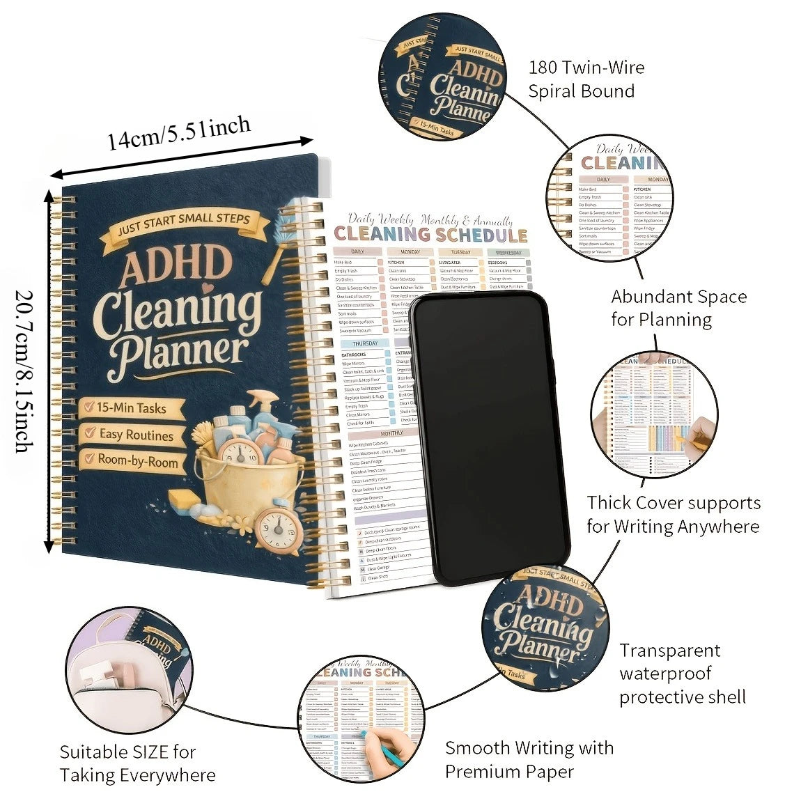 A spiral-bound ADHD Cleaning Planner showing various planning pages and features.